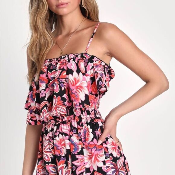 LULUS Sweet Treasure Pink Floral‎ Smocked Sleeveless Flounce Romper XS Nwt - Picture 1 of 3